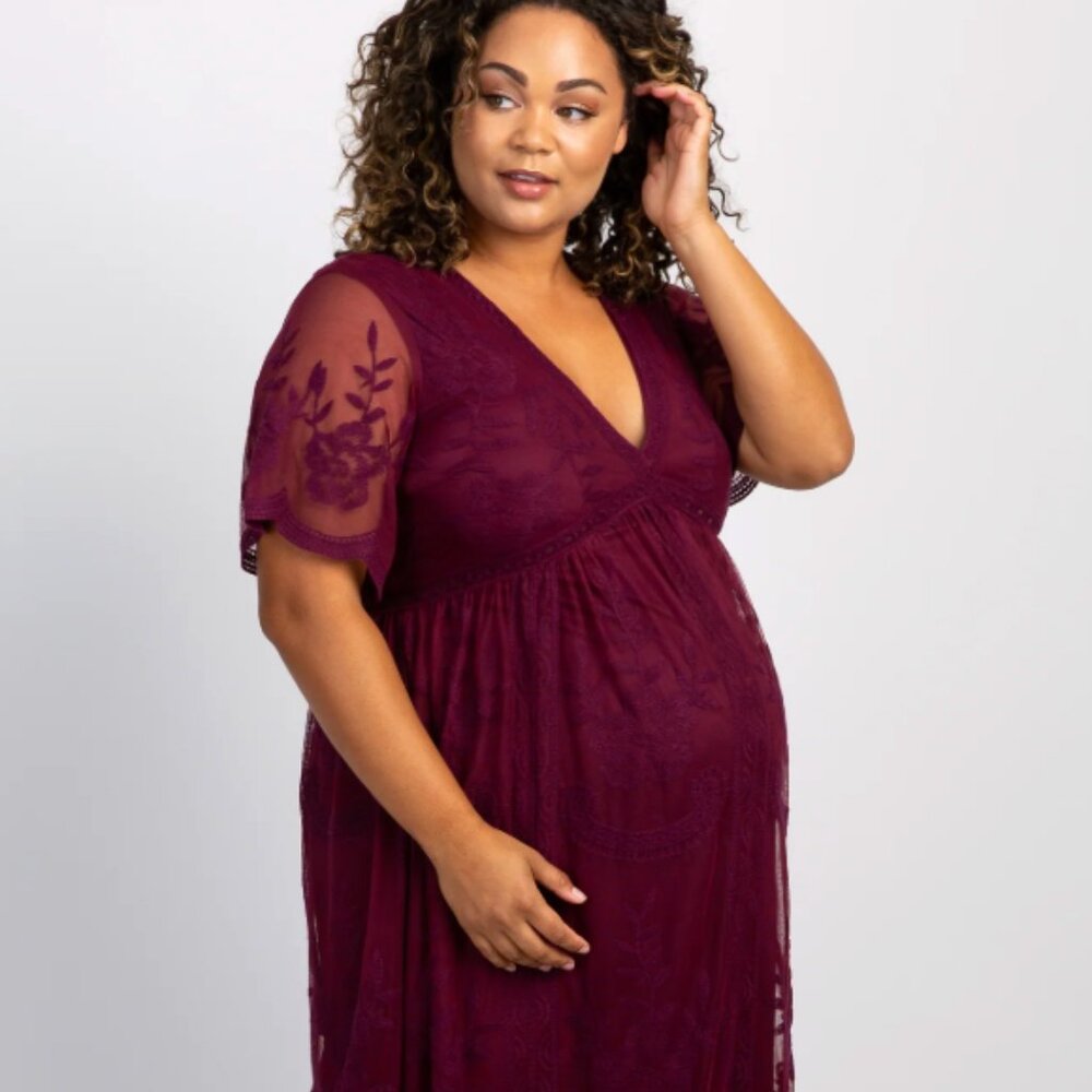PinkBlush Burgundy Lace Mesh Overlay Plus Maternity Maxi Dress, 2X